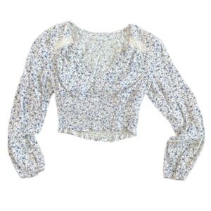 ASTR The Label Smocked Blouse Blue White Floral Long Sleeve Shirred